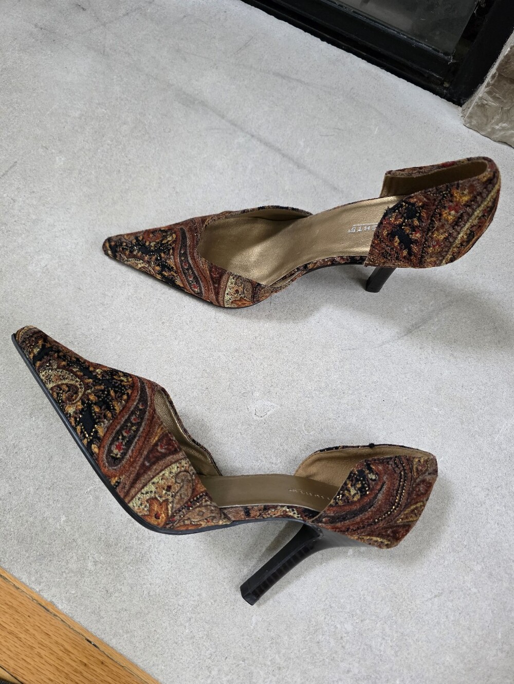Vintage Tapestry Paisley D'Orsay Heels Pointed Toe Glitter Sz 8W Brown Orange